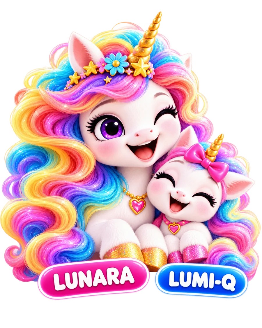 Mother unicorn LUNARA hugging baby unicorn LUMI-Q