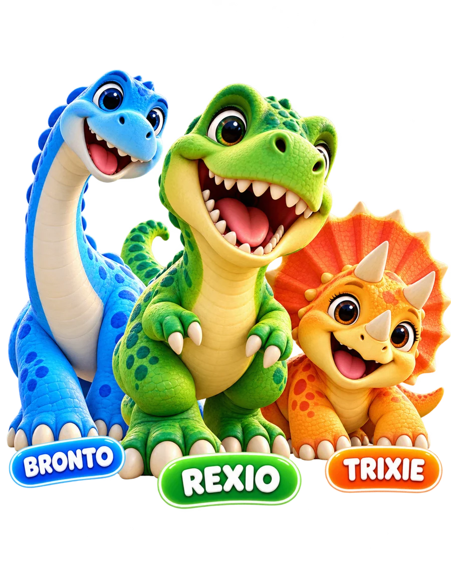 Dinosaurs BRONTO, REXIO and TRIXIE smiling together