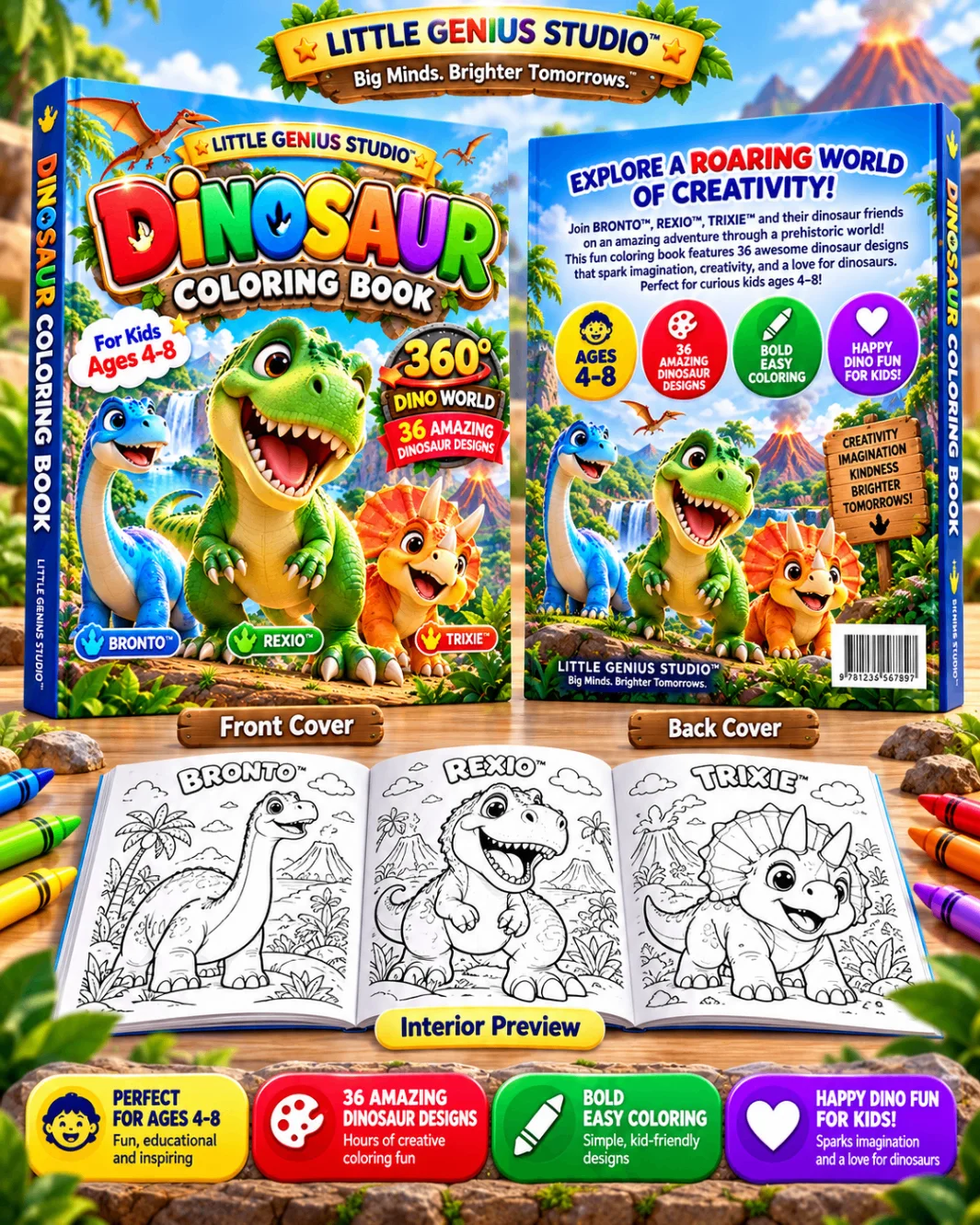 Dinosaur Adventures promotional preview showing front, back and sample coloring pages