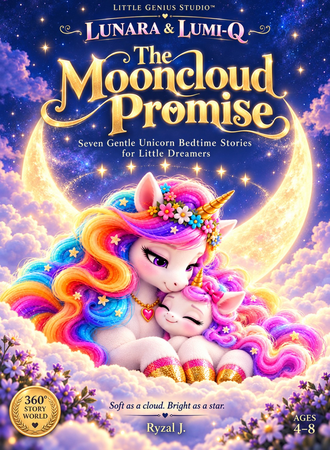 The Mooncloud Promise album artwork — a mother unicorn cuddling her baby beneath a golden crescent moon