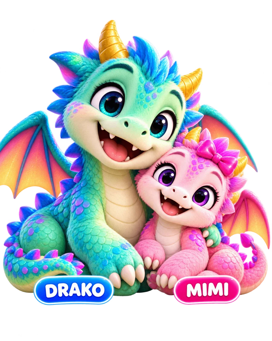 Teal dragon DRAKO hugging pink baby dragon MIMI