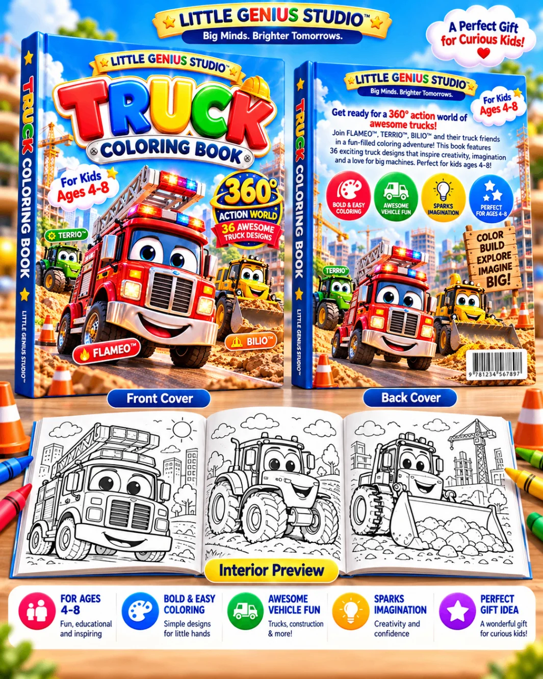 Truck Coloring Book promotional preview showing front, back and sample coloring pages
