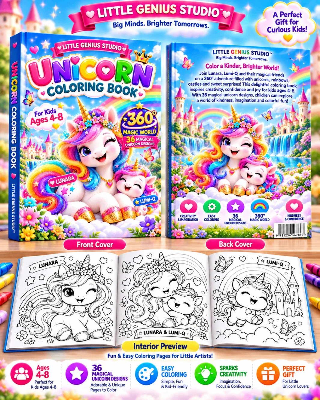 Unicorn Coloring Book promotional preview showing front, back and sample coloring pages