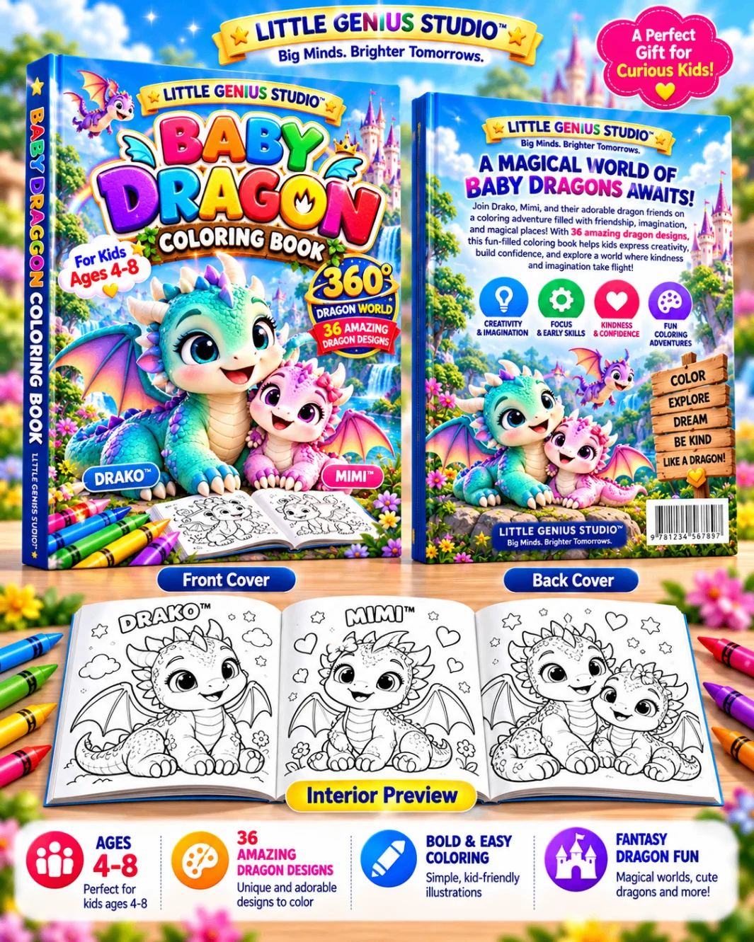 Baby Dragon promotional preview showing front, back and sample coloring pages