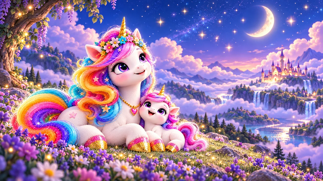 Lunara and little Lumi-Q watch the stars wake above Mooncloud Meadow.