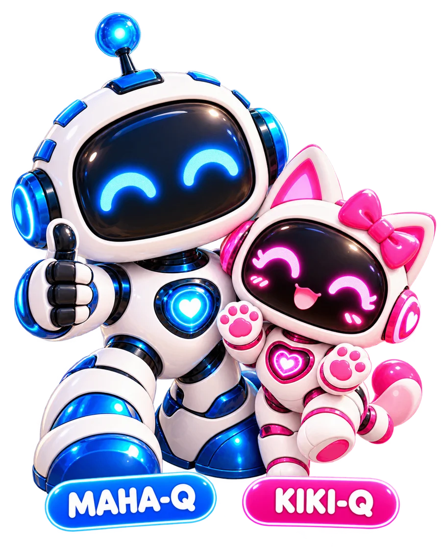 Robots MAHA-Q and KIKI-Q smiling with glowing screen faces