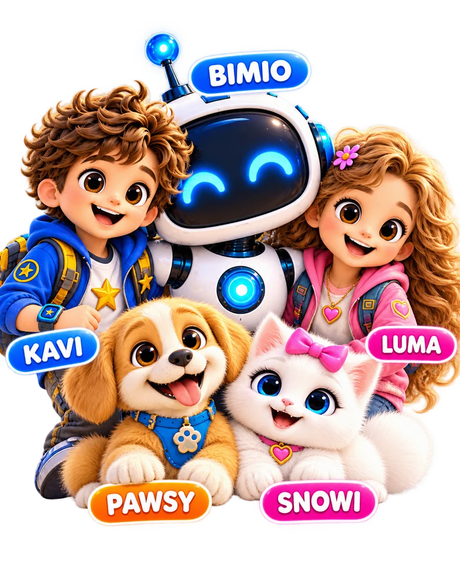 BIMIO the robot with children KAVI and LUMA, puppy PAWSY and kitten SNOWI