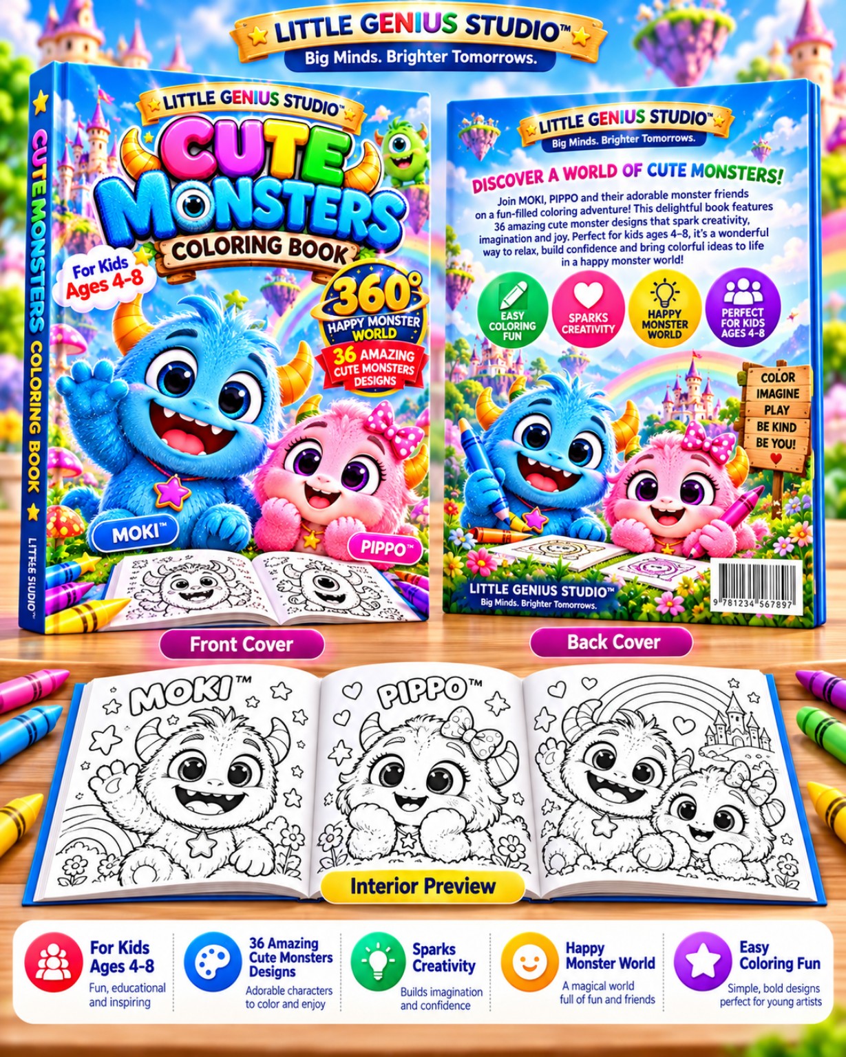 Cute Monsters Coloring Book promotional preview showing front, back and sample coloring pages
