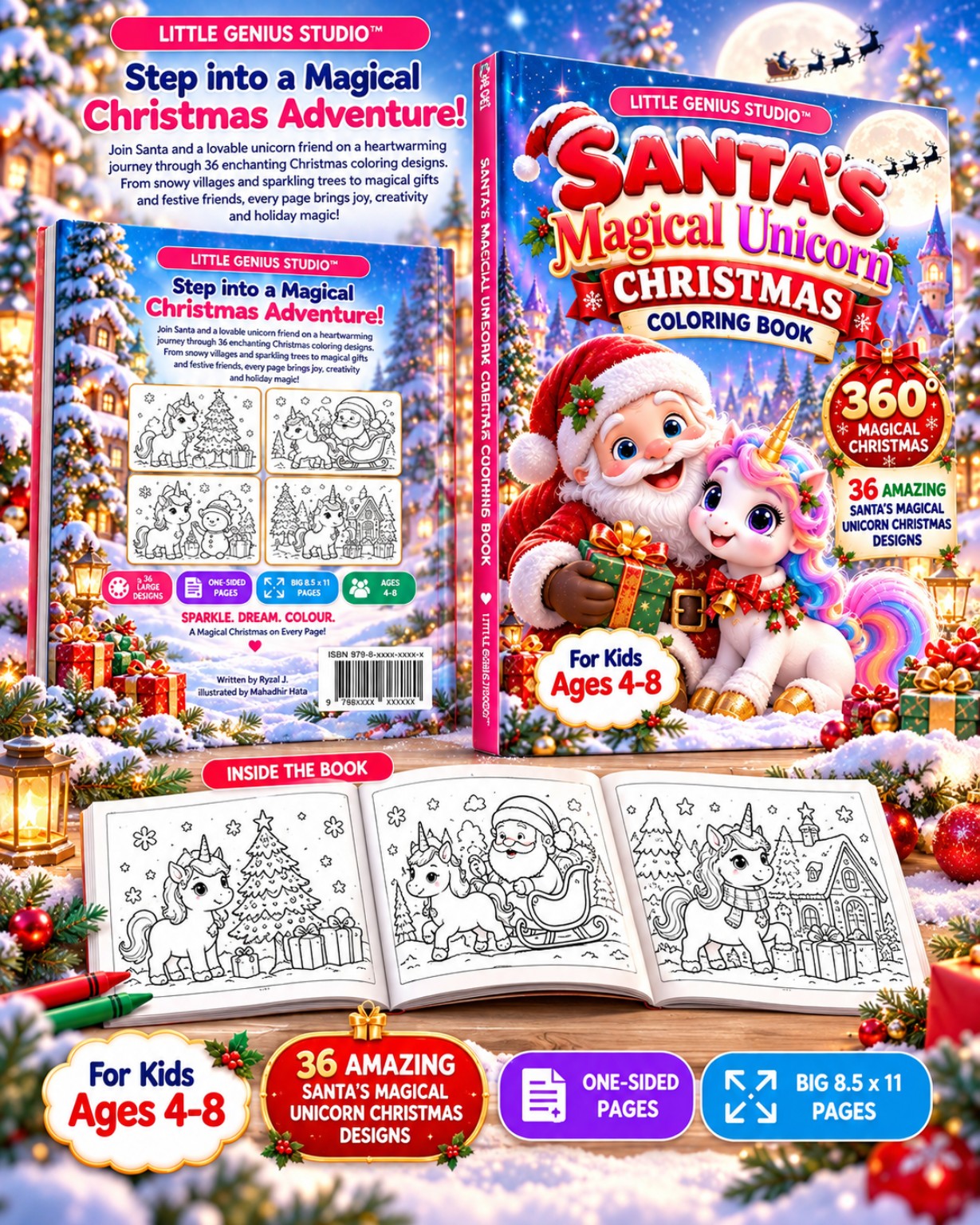 Santa's Magical Unicorn promotional preview showing front, back and sample coloring pages