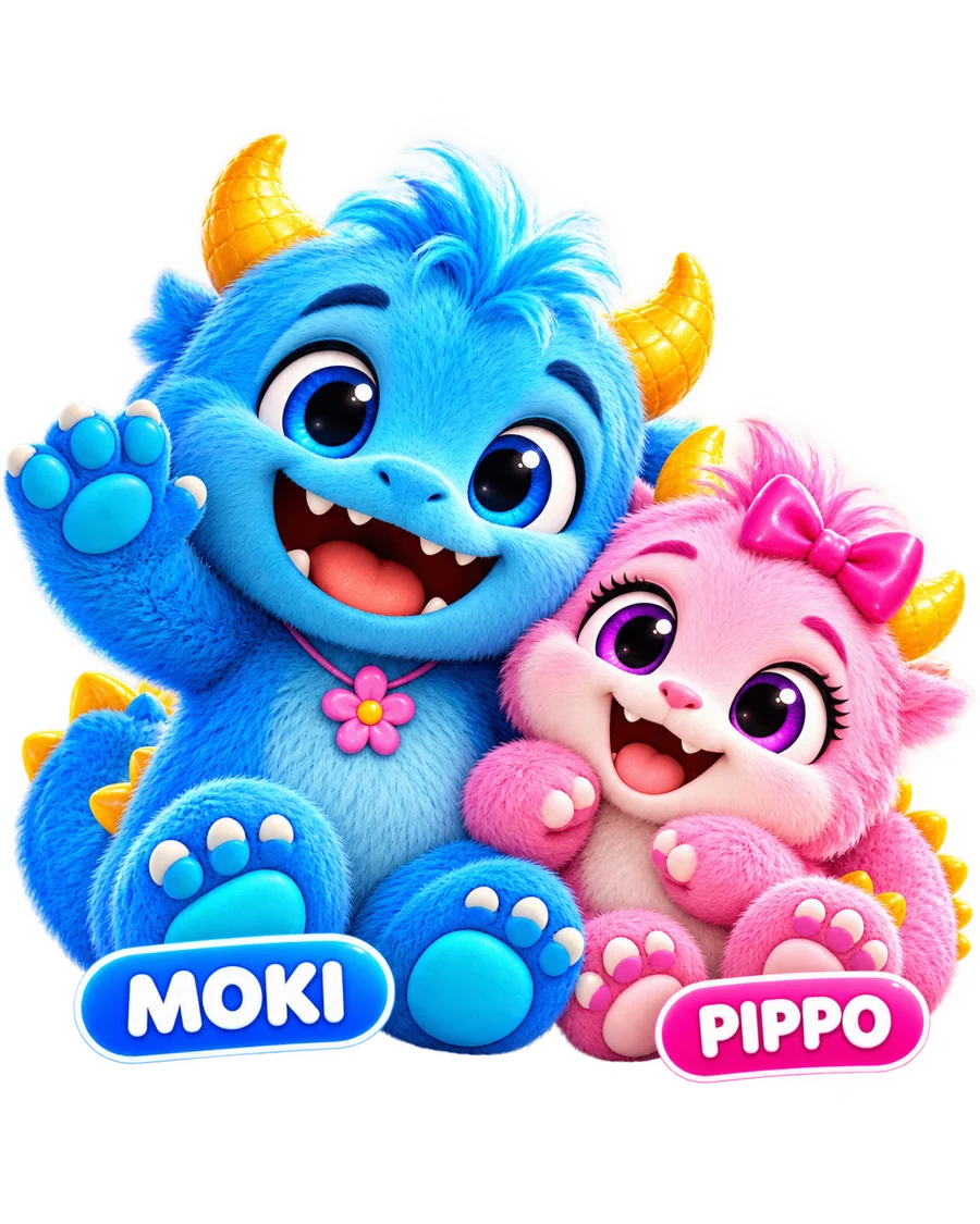 Fluffy blue monster MOKI and pink monster PIPPO waving