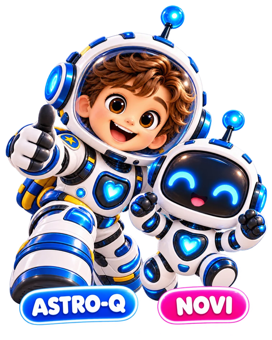 Young astronaut ASTRO-Q giving a thumbs up beside robot NOVI