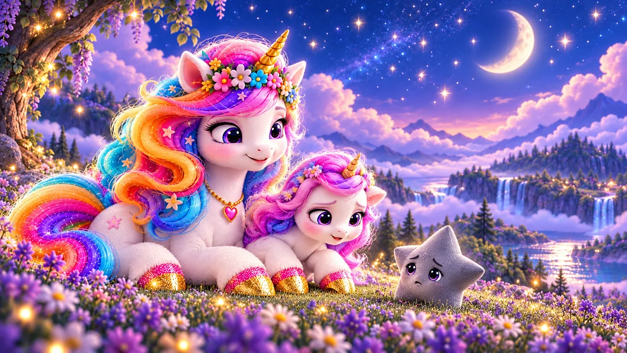 Dim gray Pip lands softly beside Lunara and Lumi-Q in the lavender grass.