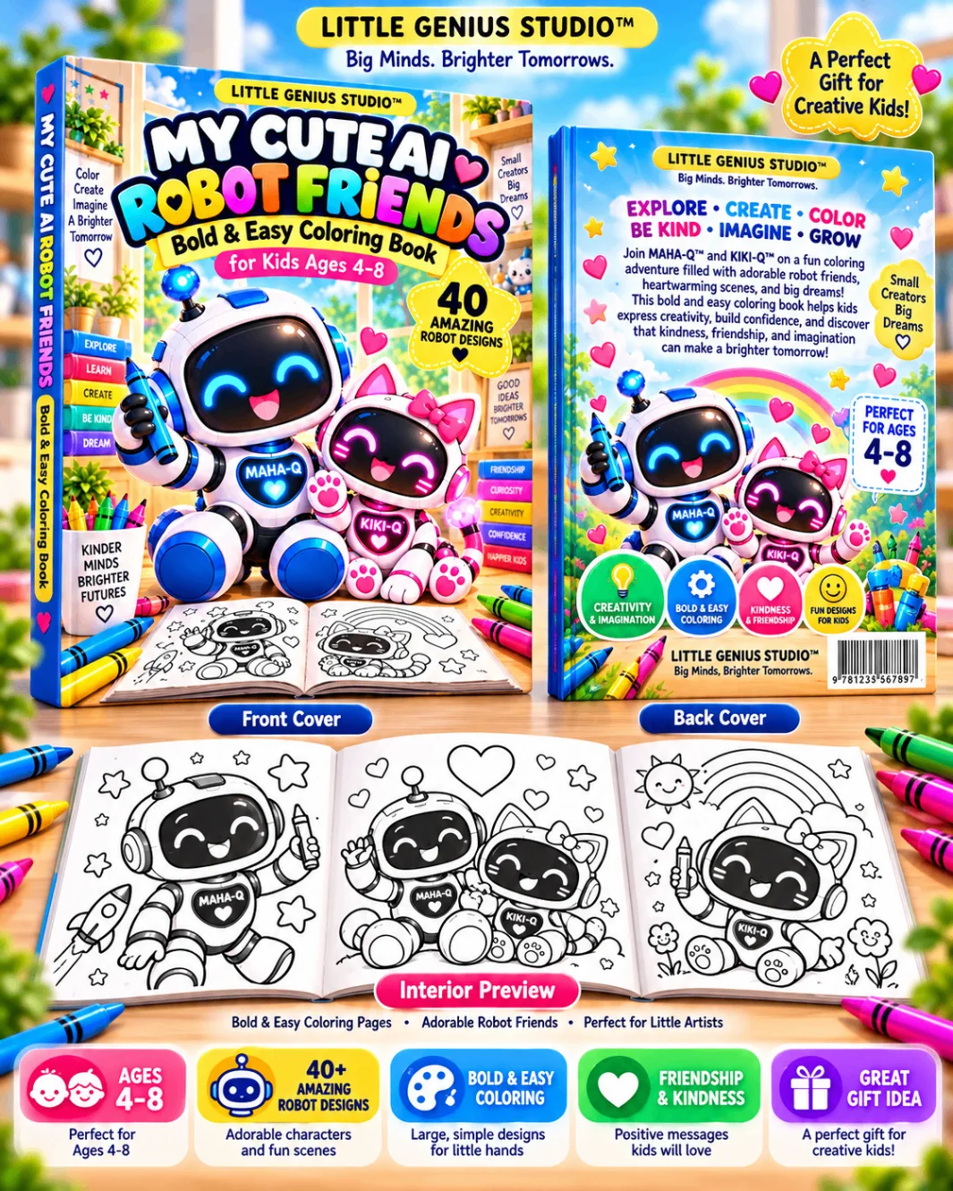 My Cute AI Robot Friends promotional preview showing front, back and sample coloring pages