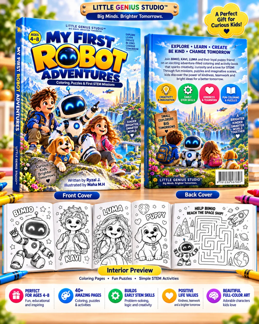 My First Robot Adventures promotional preview showing front, back and sample coloring pages
