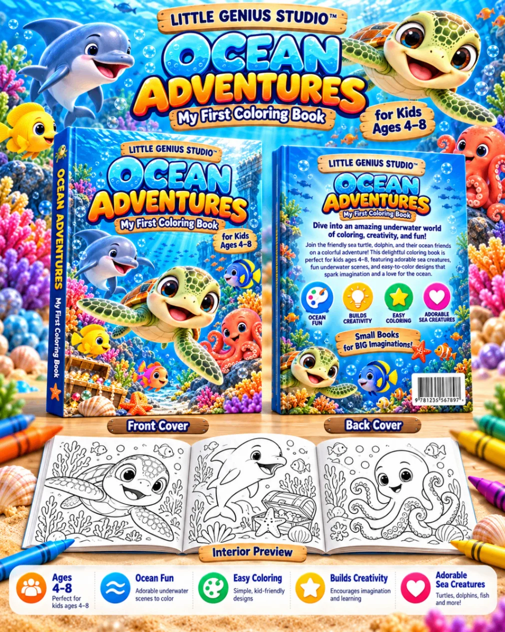 Ocean Adventures promotional preview showing front, back and sample coloring pages