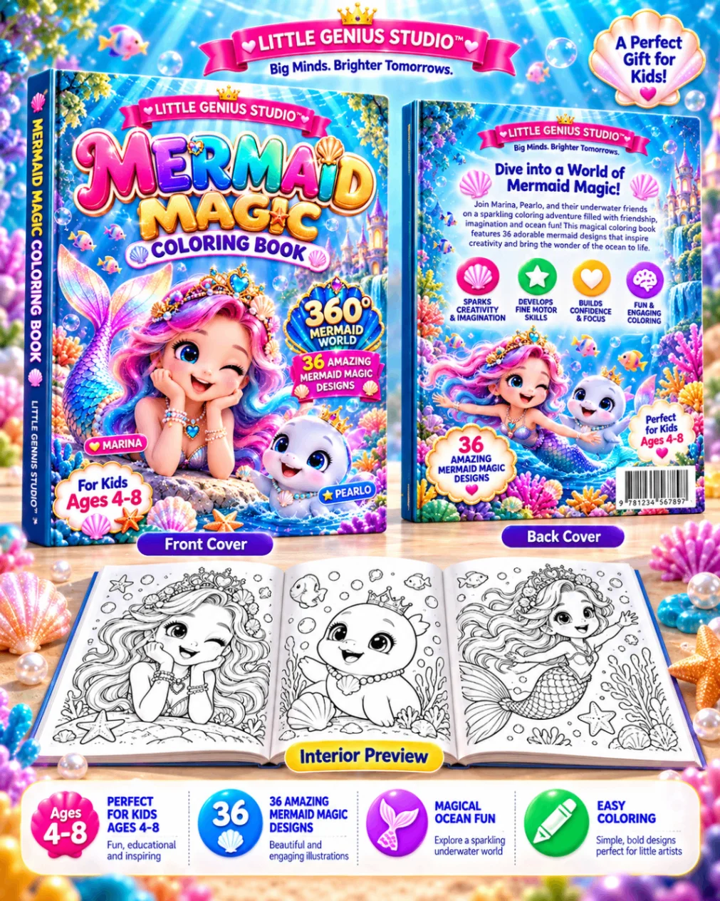 Mermaid Magic Coloring Book promotional preview showing front, back and sample coloring pages