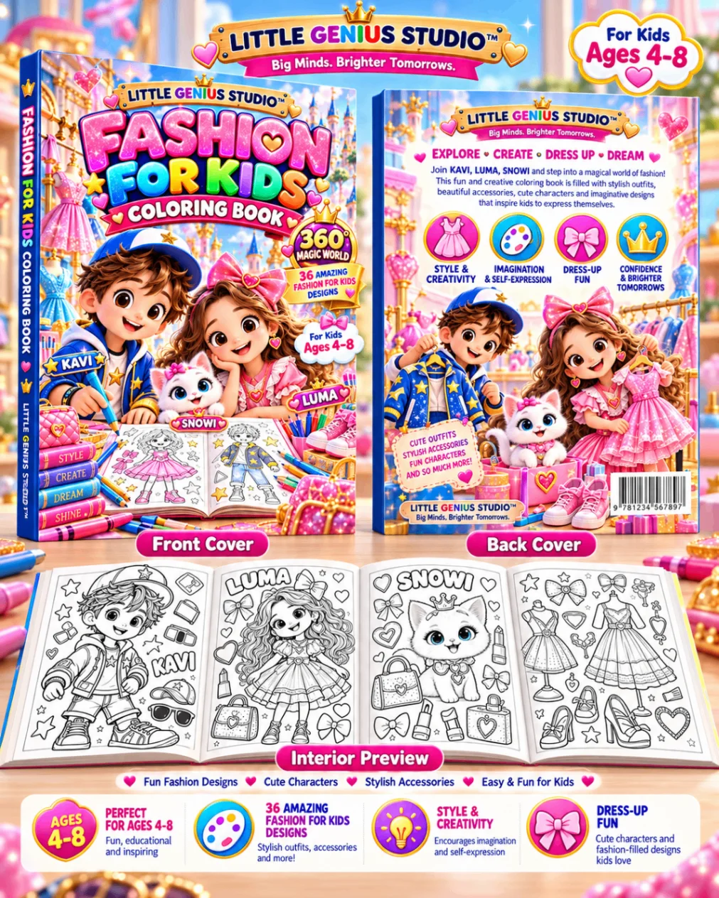 Fashion for Kids Coloring Book promotional preview showing front, back and sample coloring pages