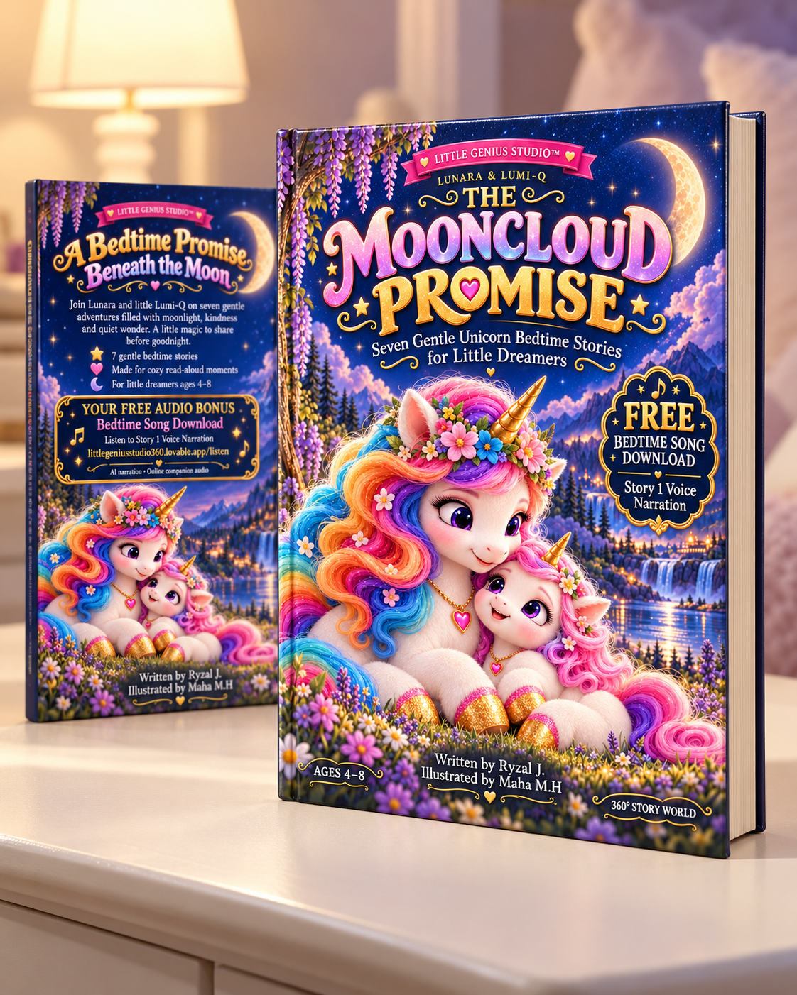 Design mockup of The Mooncloud Promise hardcover — a design preview, not a photo of a printed book